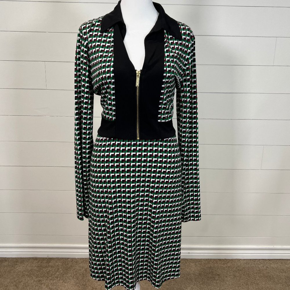 MICHAEL Michael Kors Black, Green & White Long Sleeve Zip-Front Dress